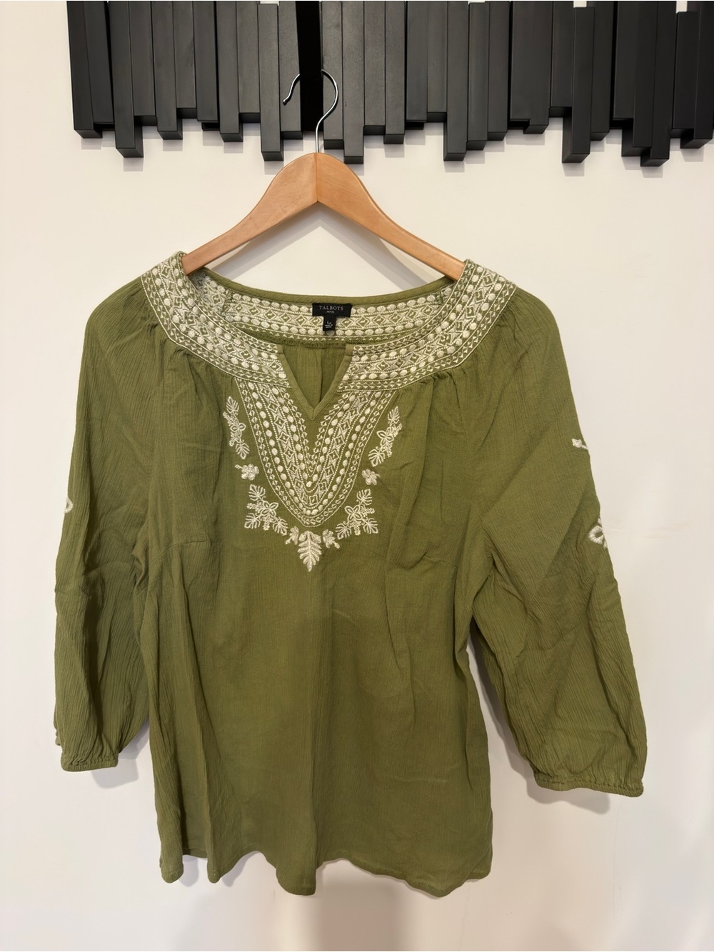 Talbots Green Embroidered Peasant Top